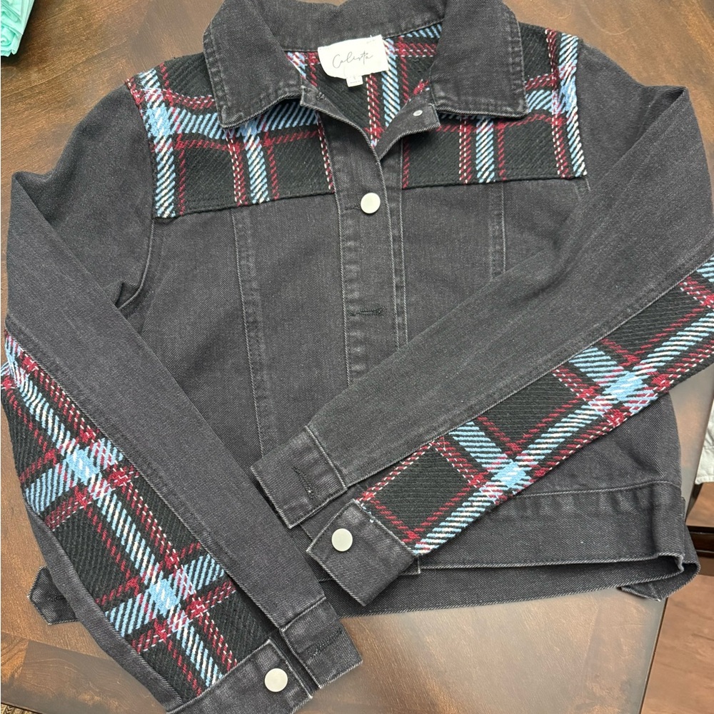 Chic Plaid Jean Jacket in Black by [Brand]